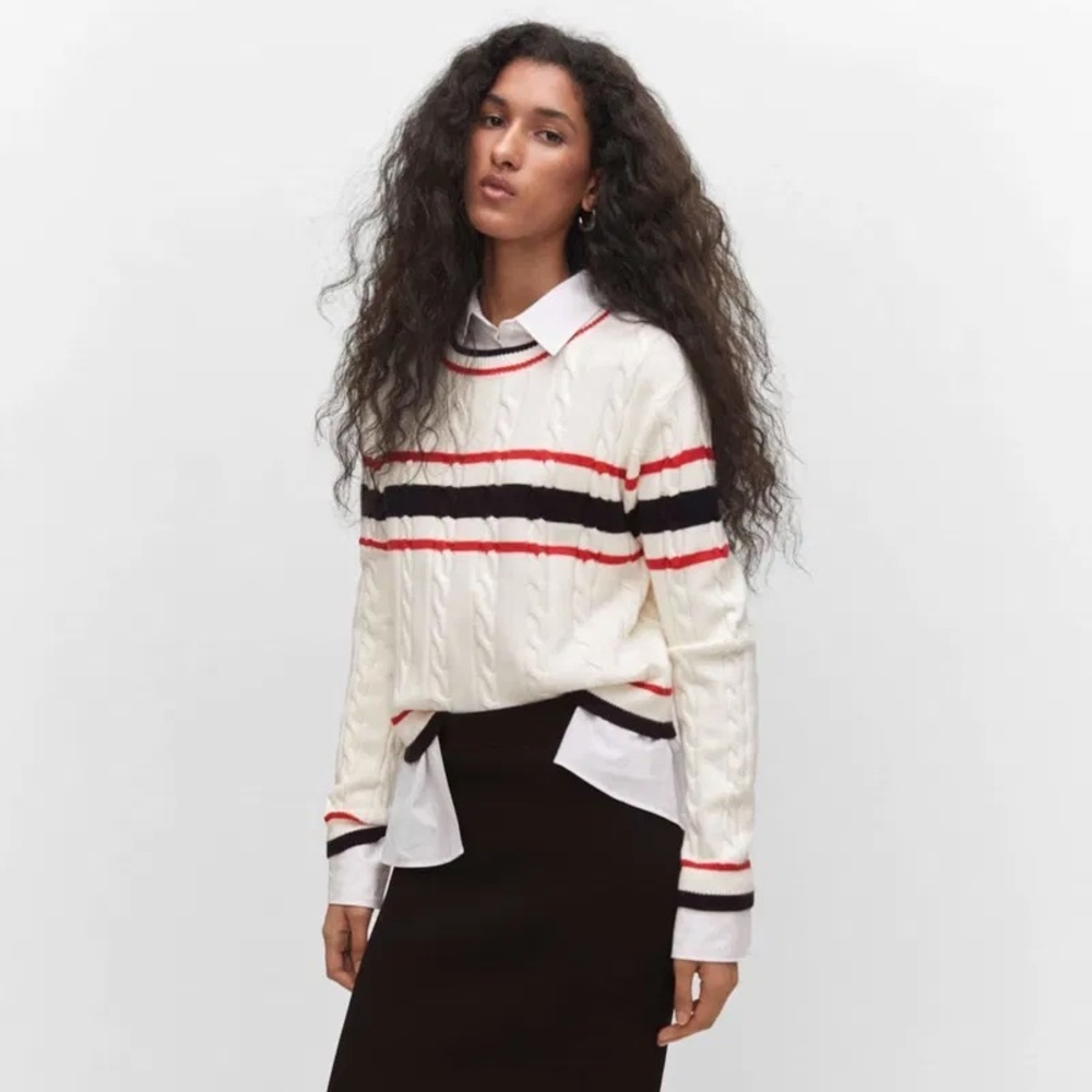 Mango cream stripe preppy cable knit crewneck sweater - Large NWOT
